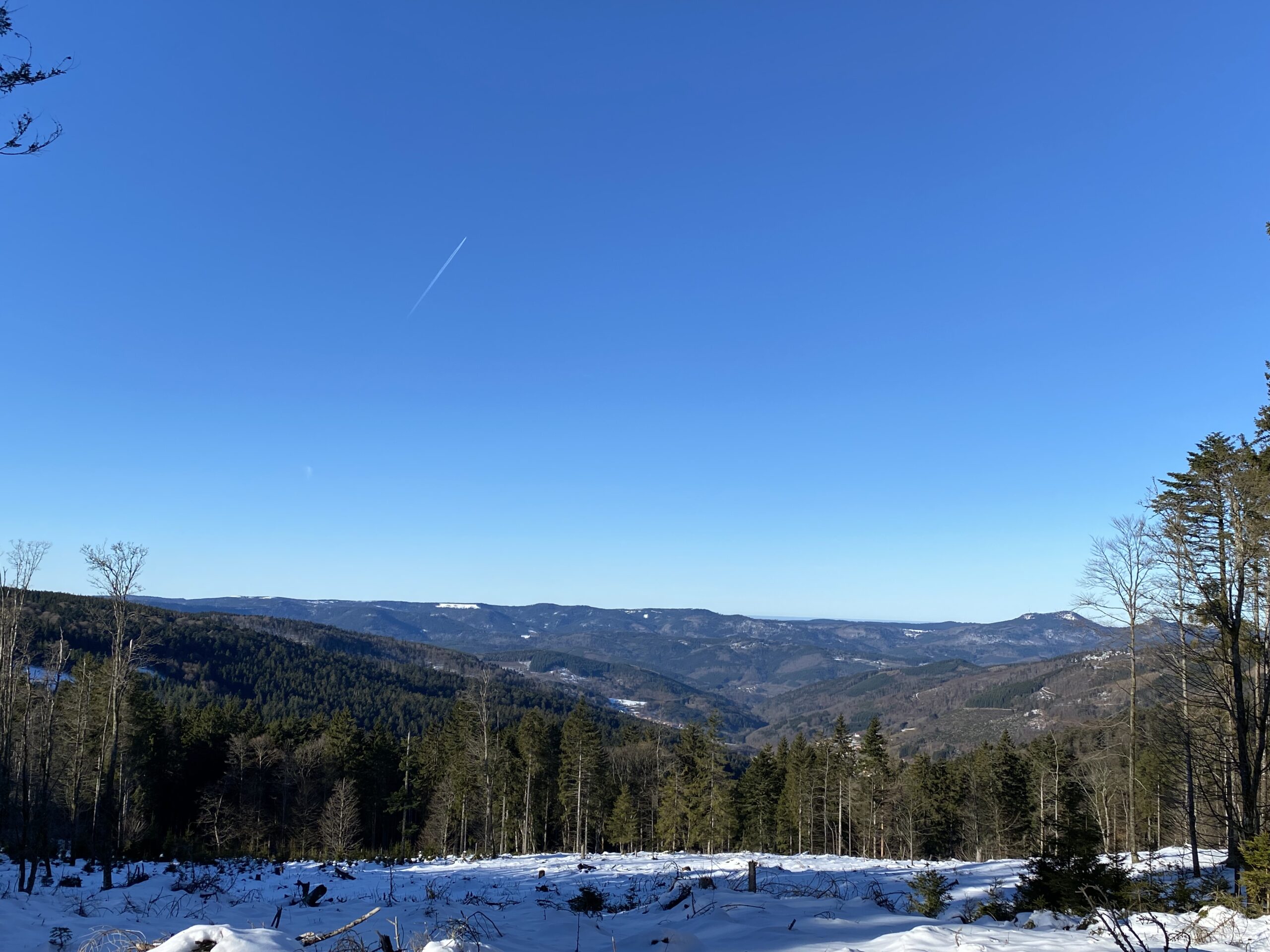 Luchtpanorama van de Vogezen vanaf de Champ du Feu, met besneeuwde valleien en dennenbossen.