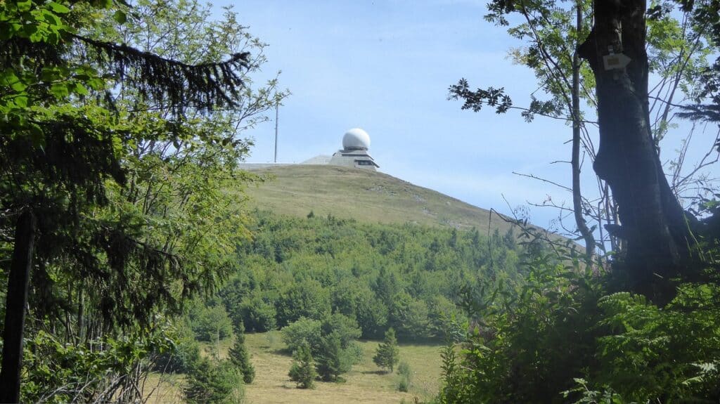 Summit of the Grand Ballon in the Vosges, with weather radar dome and lush forest