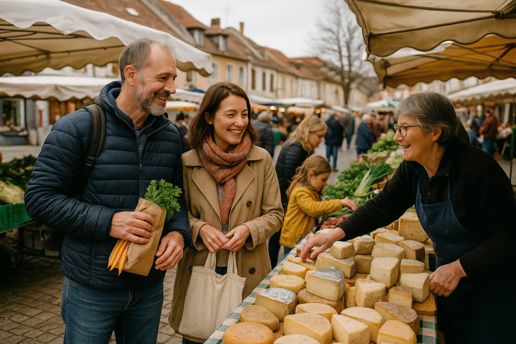 Scène de vie dans un marché de producteurs locaux dans les Vosges, avec une fromagère souriante et des visiteurs heureux