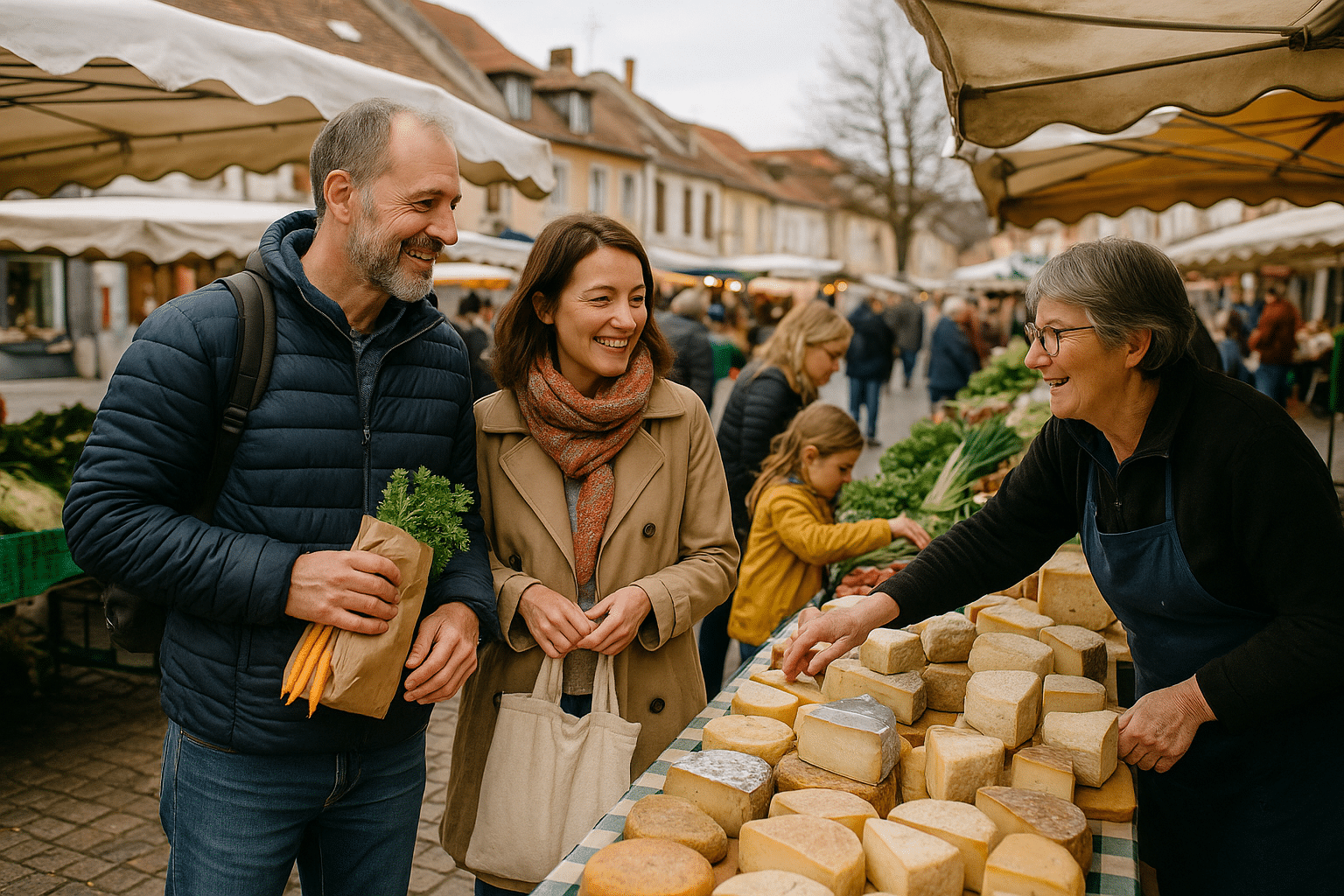 Scène de vie dans un marché de producteurs locaux dans les Vosges, avec une fromagère souriante et des visiteurs heureux