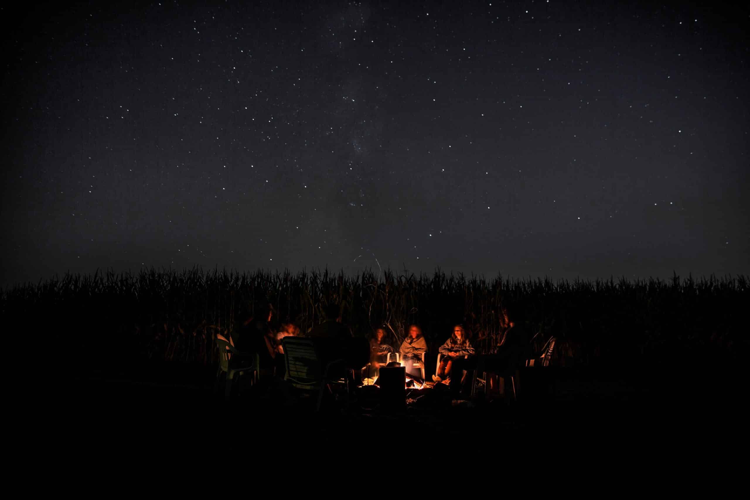 Groupe autour d’un feu de camp sous un ciel étoilé dans les Vosges