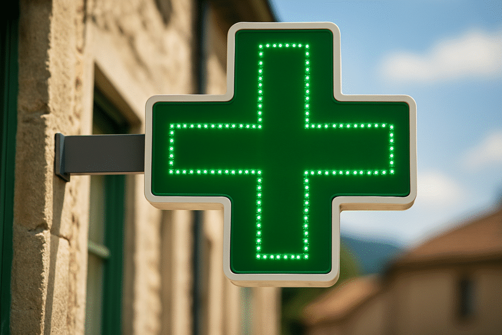 Gros plan ultra réaliste sur une croix verte de pharmacie sur la façade d’un bâtiment en pierre dans un village des Vosges