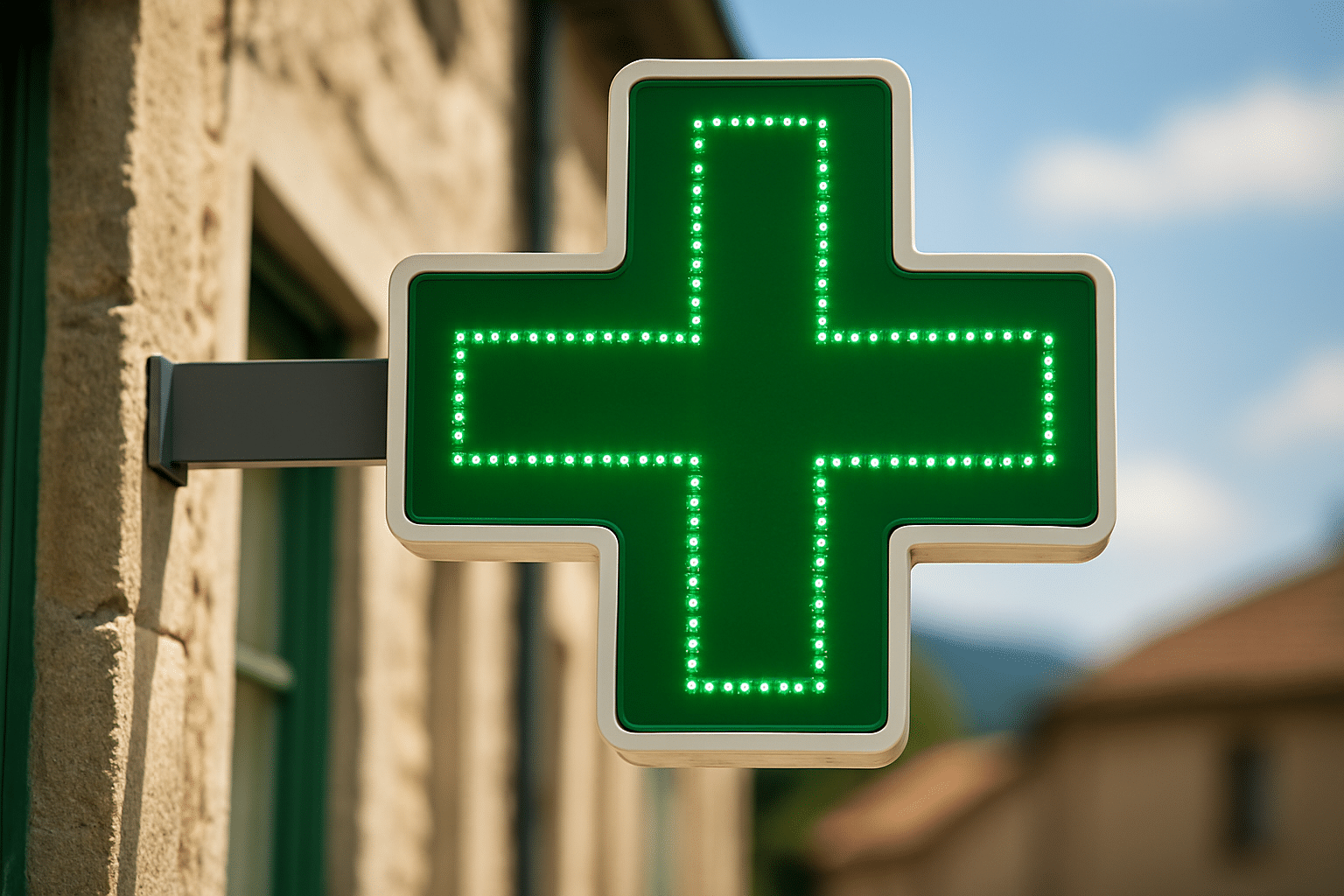 Gros plan ultra réaliste sur une croix verte de pharmacie sur la façade d’un bâtiment en pierre dans un village des Vosges
